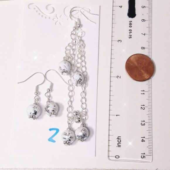 Boho Earrings #02L White metallic silver splash beads silver chain long dangles - Picture 2 of 3